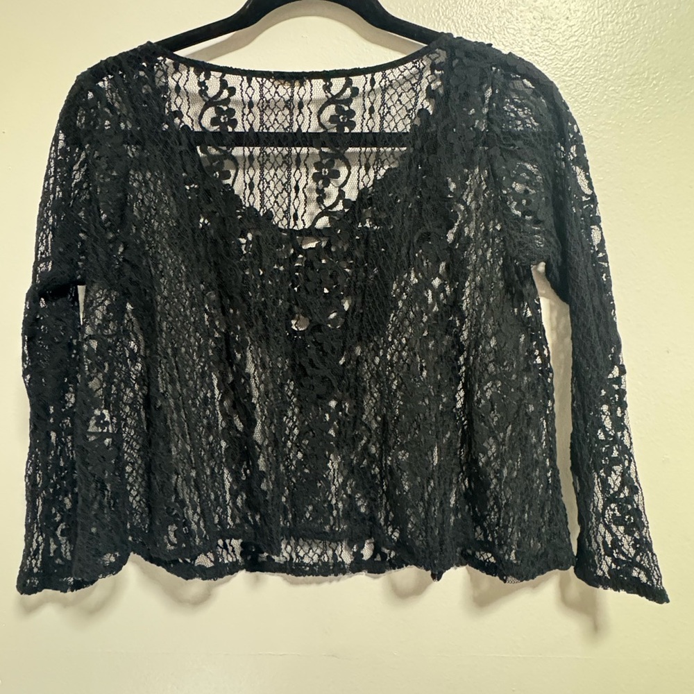 Hollister Black Lace Sheer Crop Top Long Sleeve Size M - Picture 6 of 6